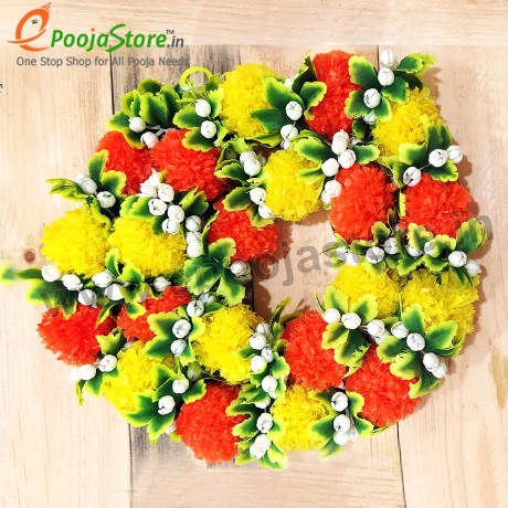 Decorative Artificial Yellow, Orange, Marigold and Jasmine Flowers with Green Leaves